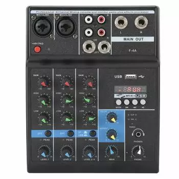Voice Changer 4-канальный аудиомикшер USB стереозвук микшерный пульт звуковая карта для домашнего компьютера 25 Вт 110 В240 В 10 Гц-130 кГц (черный) чёрный
