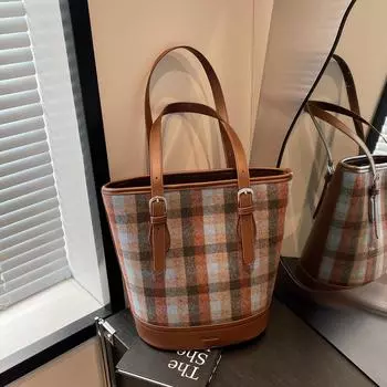 Войлочная текстура ретро решетчатая сумка-ведро модная повседневная сумка через плечо