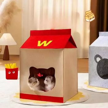 Войлочный мультяшный кот гнездится в домике для котят Молочная коробка Картофель фри Голубой кот из рэгдолла спит в закрытом гнезде для домашних животных M 35*35*38