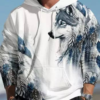 Волк Графика Муж. Пуловер с 3D-принтом Уличная одежда Толстовки Темно-зеленый Зеленый Длинный рукав С капюшоном С принтом Весна и осень Дизайнер 2XL