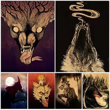 Волк, кусающий луну и полуночный эльф, настенная живопись, хитрый оборотень, ретро-постер 21cm30cm NoFrame