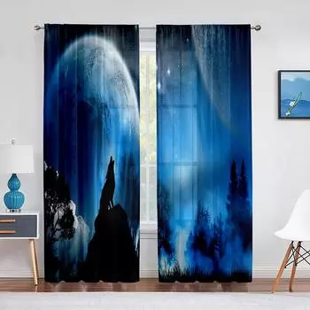 Волк, лес, животное, галактика, планета, луна, звездное голубое небо, Тюль-вуаль, занавески для спальни, окна, прозрачные занавески, занавески для гостиной 1 PCS W100XH250cm&Rod Pocket