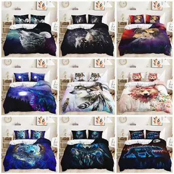 Волк Ловец снов перья цветочный красочный животный принт пододеяльник набор Single 135x200cm