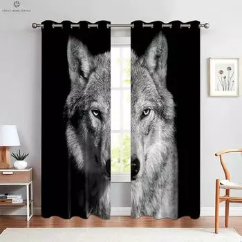 Волк под звездным небом 3D-печатные шторы для детской комнаты, спальни, гостиной, кухни, 2 шт., легко стирать W50xH130(CM)x2PCS&Rod pocket