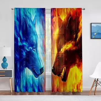 Волк Прозрачная Вуаль Занавес Ледяной Огонь Волки смотрят друг на друга Оконные Тюлевые Шторы для гостиной Спальня Кухня Декор Шторы 1 PCS W100XH250cm&Rod Pocket