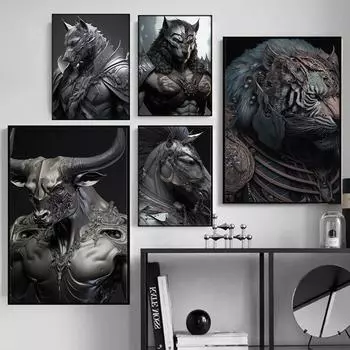 Волк, Тигр, Бык, Лошадь, Воин, бронзовая статуя, холст, картины, настенные художественные постеры и принты, фотографии с животными, домашний декор для гостиной 21x30cm No Framed белый