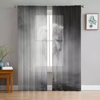 Волк в тумане Современные шторы для гостиной Прозрачные тюлевые шторы Оконные прозрачные шторы для спальни Аксессуары Декор W135 x H114cm