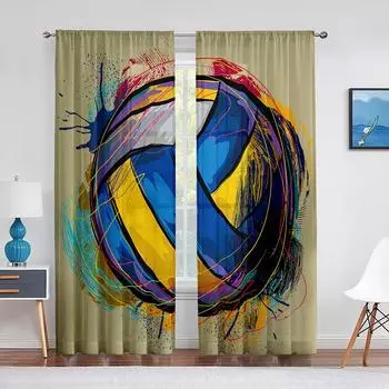 Volleyball Ball Games Sports Colorful Tulle Curtains for Living Room Bedroom Modern Chiffon Sheer Voile Kitchen Window Curtain 1 PCS W100XH250cm&Rod Pocket