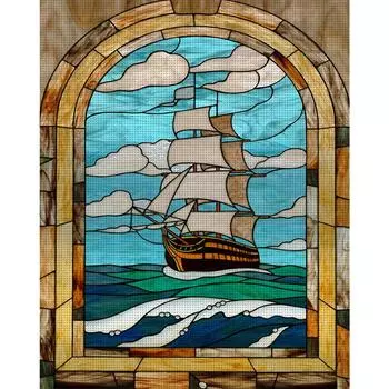 Vollstick-Baumwollgarn 11-каратный Druck Buntglas-Boot Kreuzstich 50 x 60 см QDE