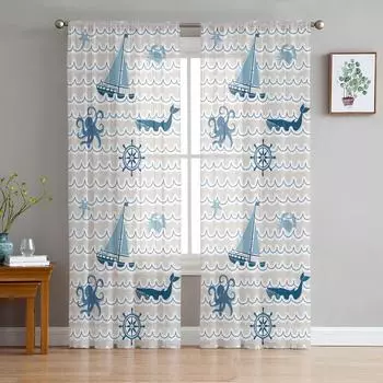 Волна Парусный Осьминог И Кит Прозрачные Шторы для Гостиной Современные Вуалевые Шторы Спальня Тюль Шторы Оконные Шторы Декор W135 x H114cm