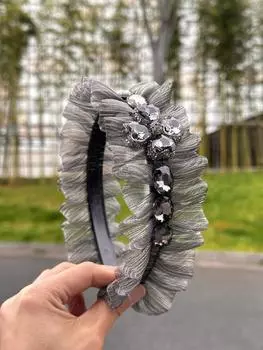 Волнистая повязка на голову со стразами, Легкая роскошь, Плиссированная повязка на голову с широкими полями, полностью усыпанная бриллиантами, Винтажный аксессуар для волос высокого класса