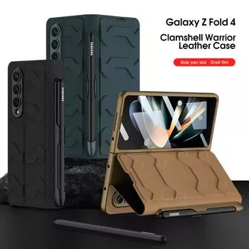 Волнистый кожаный чехол для Samsung Galaxy Z Fold 4, стеклянная пленка, защитная пленка для экрана, держатель для ручки, чехол-подставка Only Case(No Pen) зелёный