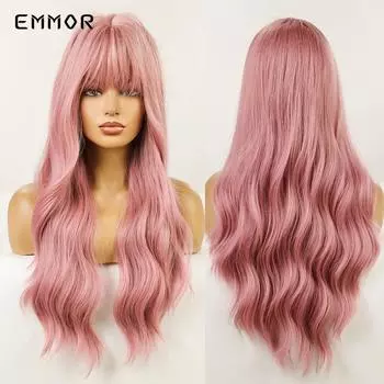 Волнистый парик для женщин, длинные розовые волнистые синтетические парики с челкой, термостойкое волокно, повседневные волосы для косплея