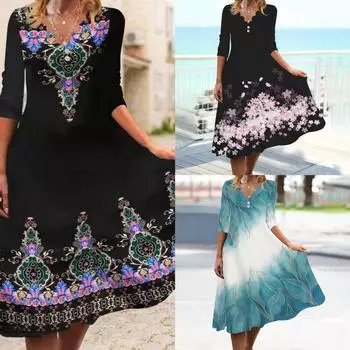 Волнистый V-образный вырез с принтом и пуговицами, рукав средней длины, весенние и осенние невыцветающие очаровательные платья больших размеров XXXXXL