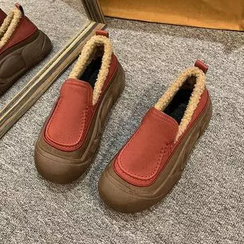 Волосатые туфли на толстой подошве, пушистые, осень-зима 2025, новая верхняя одежда, бархатные теплые хлопковые туфли, повседневные лоферы на одной педали 35
