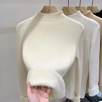 Волосатый свитер с воротником-стойкой для женщин, зимний новый стиль, теплый и толстый свитер-пуловер, популярный модный базовый топ S белый