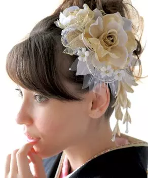 Волосы для выпускного вечера, 2 шт., фатин, летняя японская одежда [SOUBIEN] Украшение, церемония, церемония, комплект, цветок, роза, кружево, ламе, слоновая кость