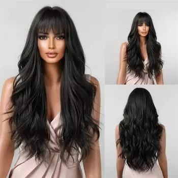Волосы Популярный парик Длинные пушистые парики Цвет Натуральный и парик Челка во всю голову Длинные вьющиеся волосы 66cm