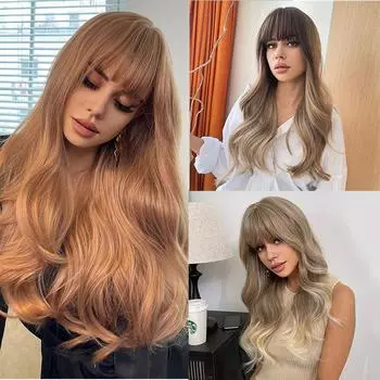 Волосы средней длины челка волна хвост вьющиеся женские модные длинные коричневые парики синтетические парики с 60cm