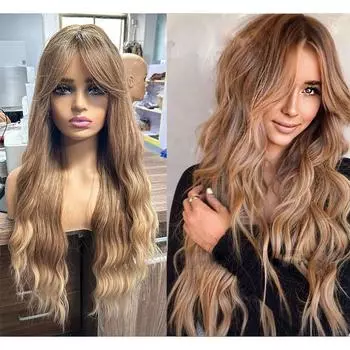 Волосы Высокое химическое волокно головной убор парики элегантный восьмисимвольный длинный вьющийся челка коричневый женский парик температура шелк 68cm