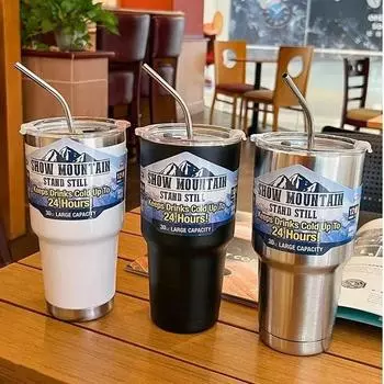 Волшебная чашка-термос из нержавеющей стали с соломой, льдом, кофейным напитком, бутылка с вакуумной изоляцией, автомобильная дорожная уличная горная чашка 900ML