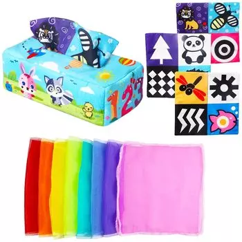 Волшебная коробка для салфеток, детская игрушка, мягкие сенсорные игрушки Монтессори для детей 0-6-12 месяцев, высококонтрастные детские игрушки для новорожденных, малышей, подарок для младенцев 22x12x8cm
