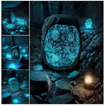 Волшебная руна на камне Ретро настенная живопись маслом Таинственная магия и волшебная скульптура Художественный постер 21cm30cm NoFrame