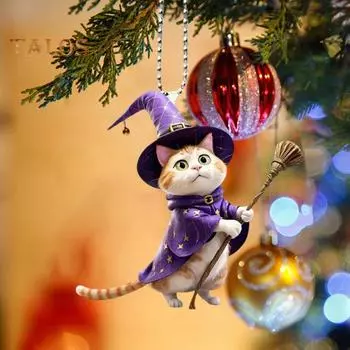 Волшебная шляпа, кошка, подвесное украшение, домашняя комнатная рождественская елка, зеркало заднего вида автомобиля, 2D, плоская акриловая метла, котенок, подвесное украшение, животное, кулон 1pc
