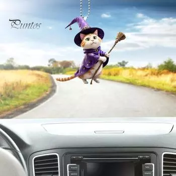 Волшебная шляпа, кошка, подвесное украшение, домашняя комнатная рождественская елка, зеркало заднего вида автомобиля, 2D, плоская акриловая метла, котенок, подвесное украшение, животное, кулон 1pc