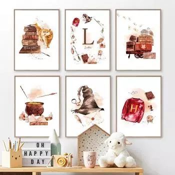 Волшебная Сова, кошка, метла, Поттер, алфавит, настенная живопись на холсте, плакаты на скандинавскую тему и принты, настенные панно, декор для детской комнаты (с рамкой) 15*20cm(with frame)