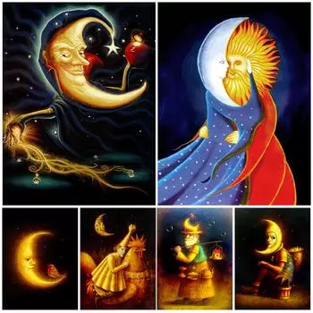 Волшебник Луны, разбрасывающий звезды в небо, винтажная настенная живопись маслом, загадочная луна, детский постер 21cm30cm NoFrame