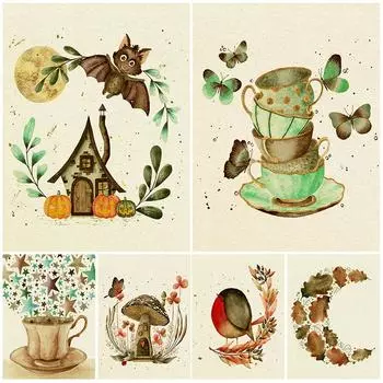 Волшебный чайник, бабочка, загадочный цветок, винтажный настенный художественный принт на холсте, мини-тыквенный домик и грибной домик, плакат с принтом, декор (с рамкой) 15*20cm(with frame)