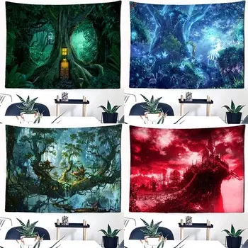Волшебный лесной домик на дереве Замок Узор Модный домашний декор Гобелен Гостиная Спальня Гобелен 100x75cm