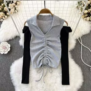 Voluptuary Spice Girl с V-образным вырезом, открытые плечи, цветная лоскутная футболка с длинными рукавами, высокая талия, шнурок, плиссировка, укороченный вариант One Size чёрный