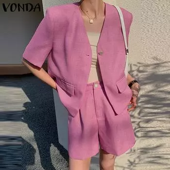 VONDA 2 шт. комплекты женщин элегантный пышный блейзер с половиной рукавом плиссированные шорты повседневные костюмы плюс размер