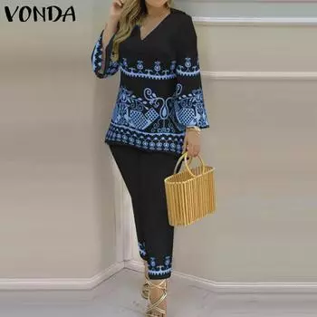 VONDA 2 шт. женские осенние топы с длинными рукавами и длинные брюки с принтом