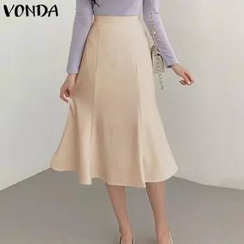 VONDA A Line Женские плиссированные однотонные элегантные юбки-миди