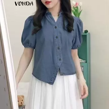 VONDA Асимметричные летние женские повседневные рубашки с коротким рукавом