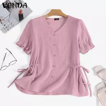 VONDA блузка с коротким рукавом для женщин, летние топы с талией
