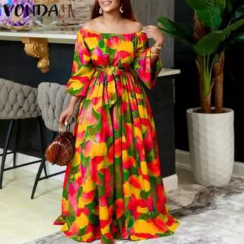 VONDA богемные женские летние повседневные вечерние длинные платья винтажный сарафан с рукавами 3/4 с открытыми плечами и принтом платье макси больших размеров