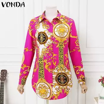 VONDA Bohemia Женские рубашки с длинным рукавом и цветочным принтом с лацканами нестандартной формы S бежевый