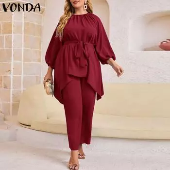 VONDA Большие размеры женские комплекты из 2 предметов с длинными рукавами, топы с эластичной резинкой на талии, длинные брюки макси, повседневная свободная домашняя одежда