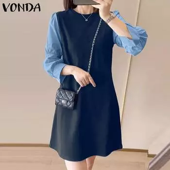 VONDA Цветное женское весеннее повседневное элегантное свободное платье миди