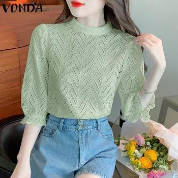 VONDA Хлопковые женские однотонные топы Hollwo Out Блузка с пышными рукавами