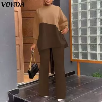 VONDA из двух частей женские лоскутные топы с длинными рукавами длинные брючные костюмы