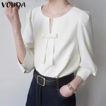 VONDA Элегантная женская осенняя однотонная блузка с рукавом 3/4 с бантом и узлом