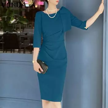 VONDA Элегантное вечернее женское платье миди с рукавами 3/4, тонкое извилистое платье миди 4XL чёрный