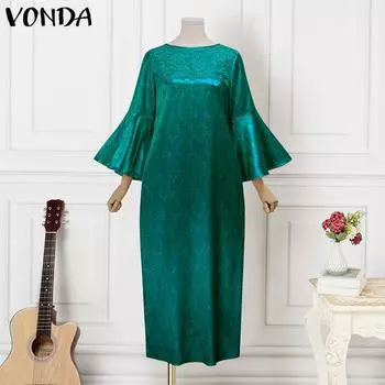 VONDA Элегантное женское длинное платье с принтом и кружевными расклешенными рукавами