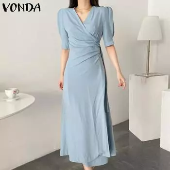 VONDA Элегантное женское длинное платье с рукавами-фонариками и V-образным вырезом