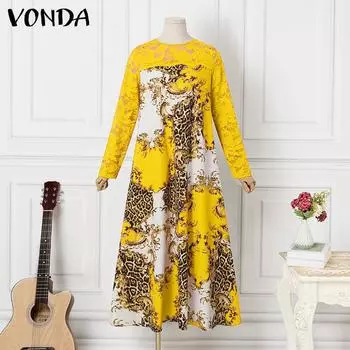 VONDA Элегантное женское кружевное вечернее свободное длинное платье